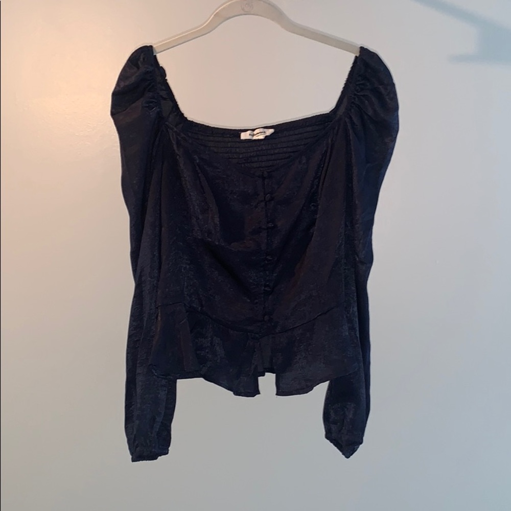 Satin button front peasant top